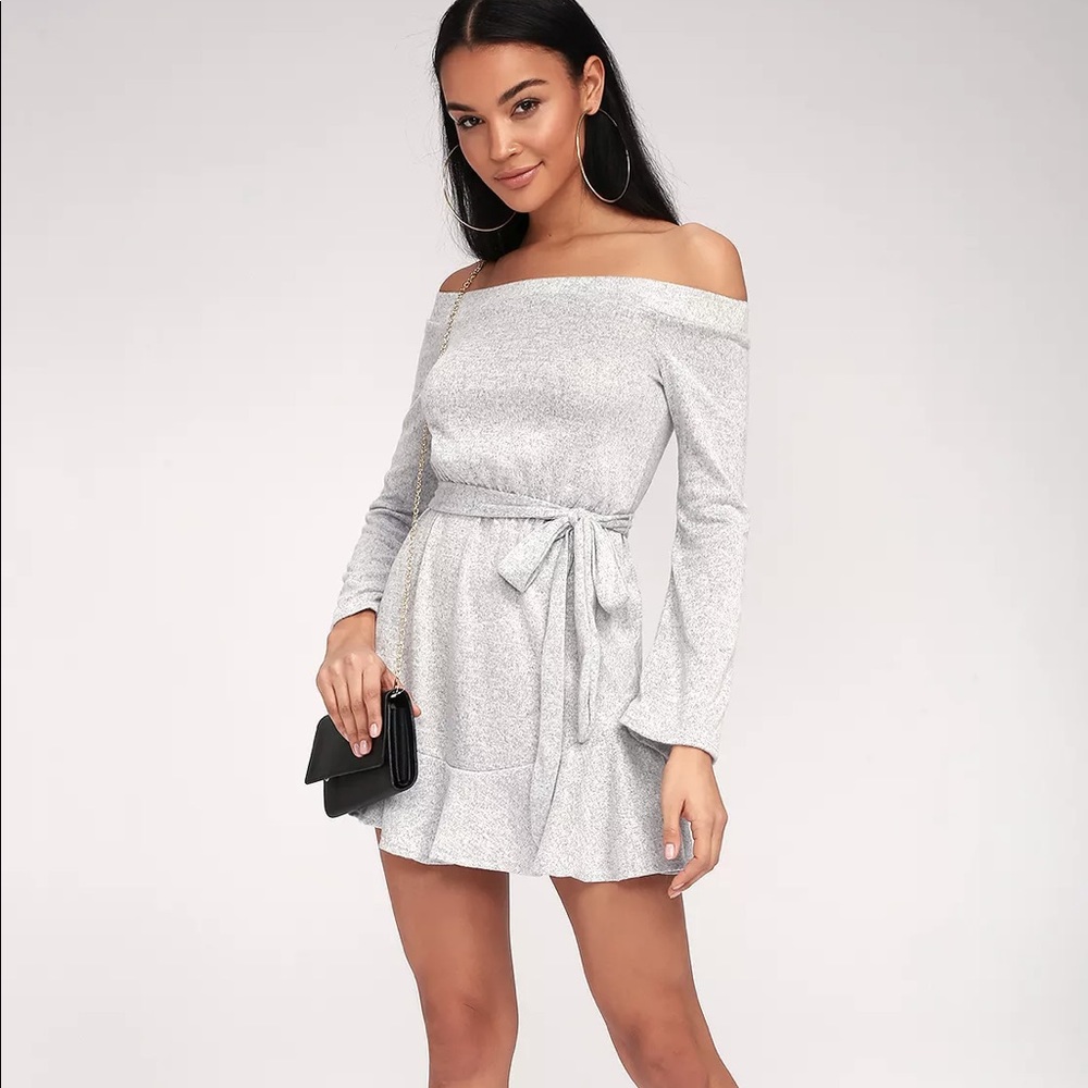 off the shoulder grey dress